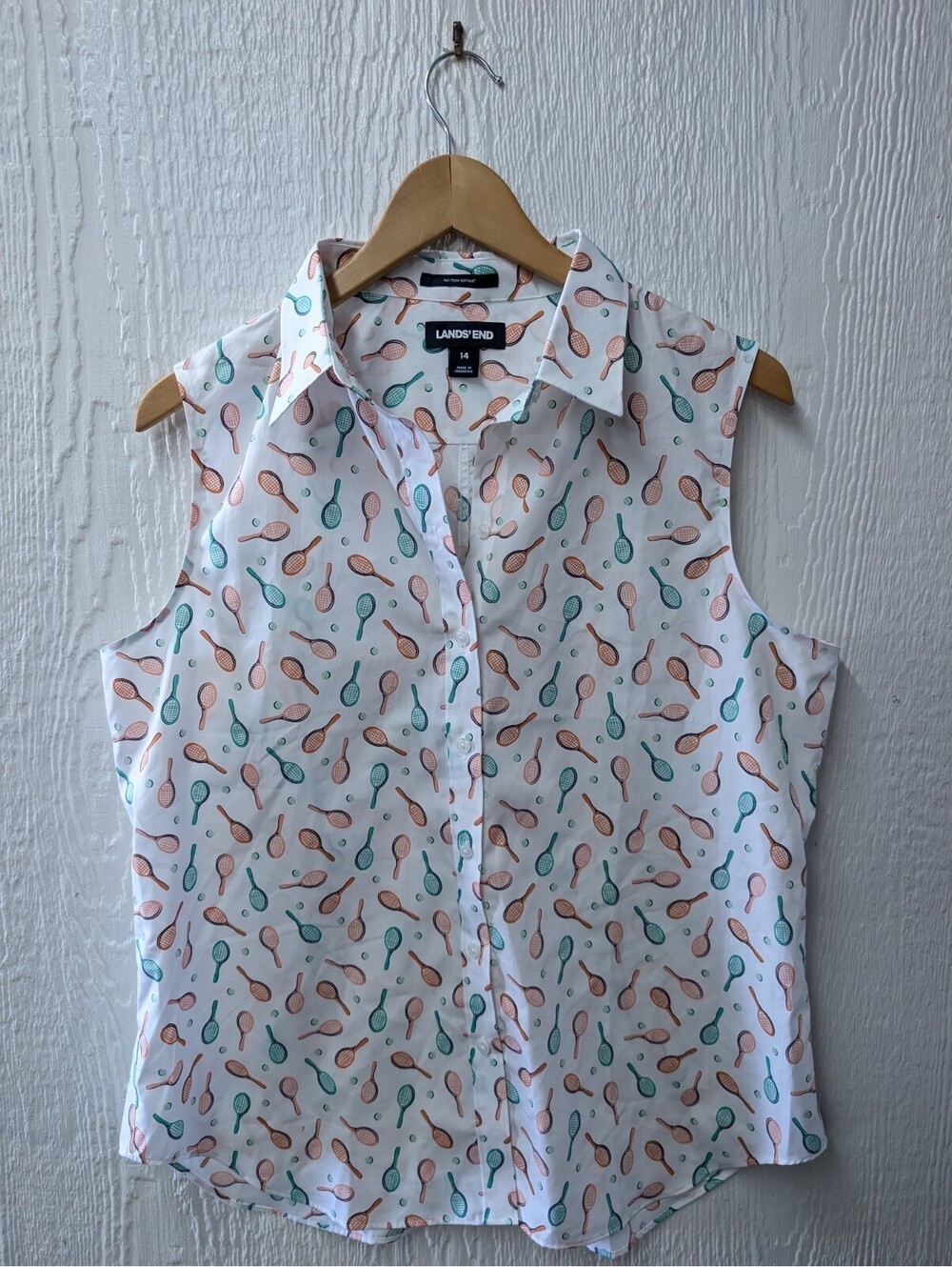 Lands End Tennis Racket Print Sleeveless Shirt Top  No Iron Supima Preppy 14